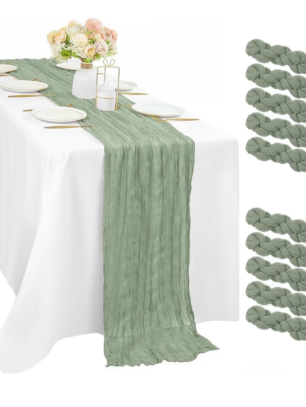 Sage green table runners with napkins set set of 10 runners and 8 napkins - Picture 3 of 3